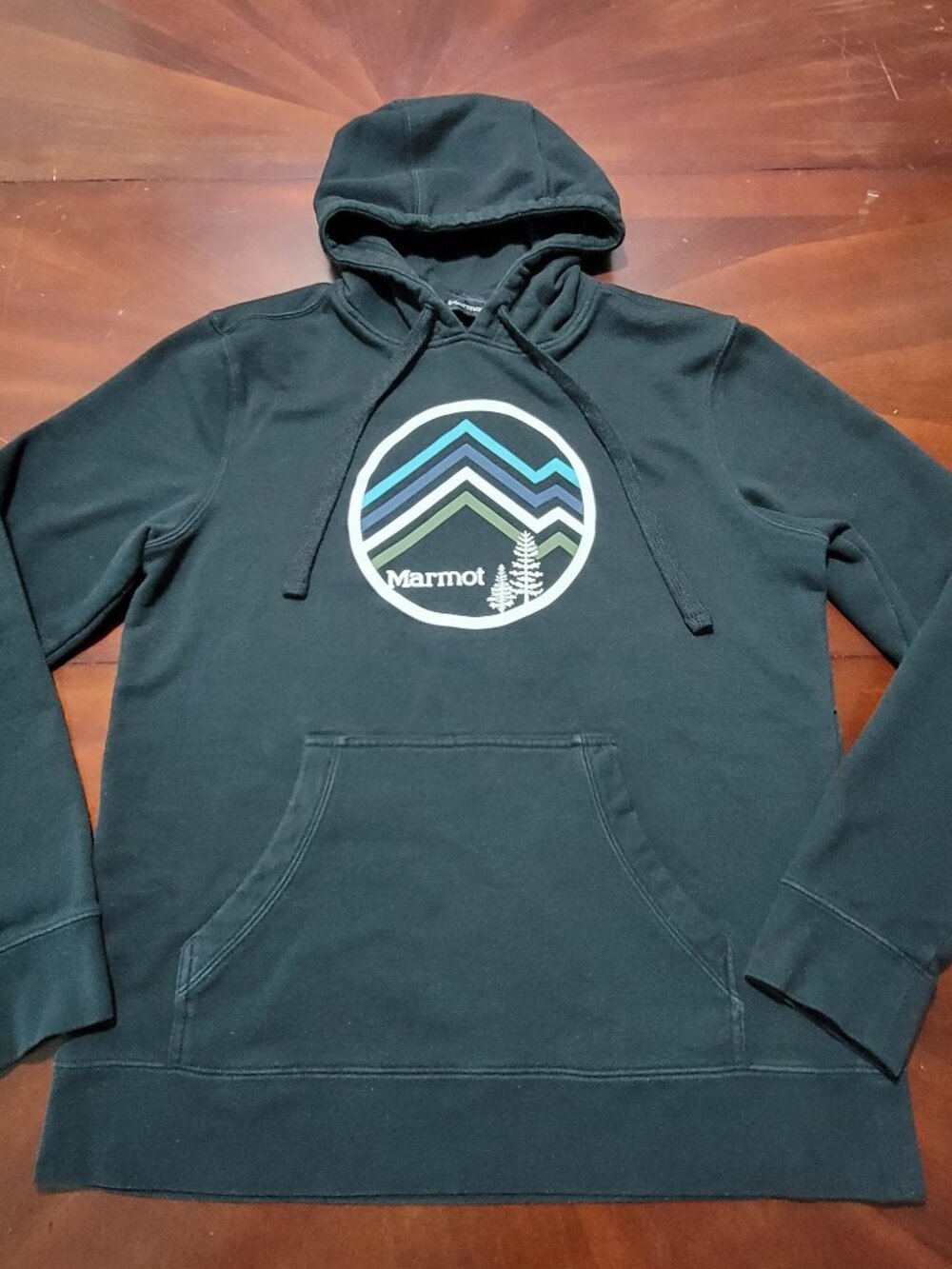 Marmot Mens Coastal Pullover Hoodie Size Medium Black Mountain Graphic Fleece M